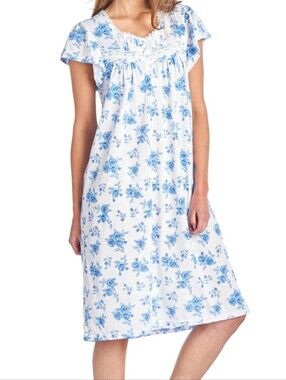 100% Women’s Blue Floral Cotton Nightdress with Flutter Sleeves